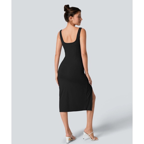 Halara Softlyzero Airy Square Neck Black Ruched Side Slit Midi Dress Corset L - Picture 2 of 8